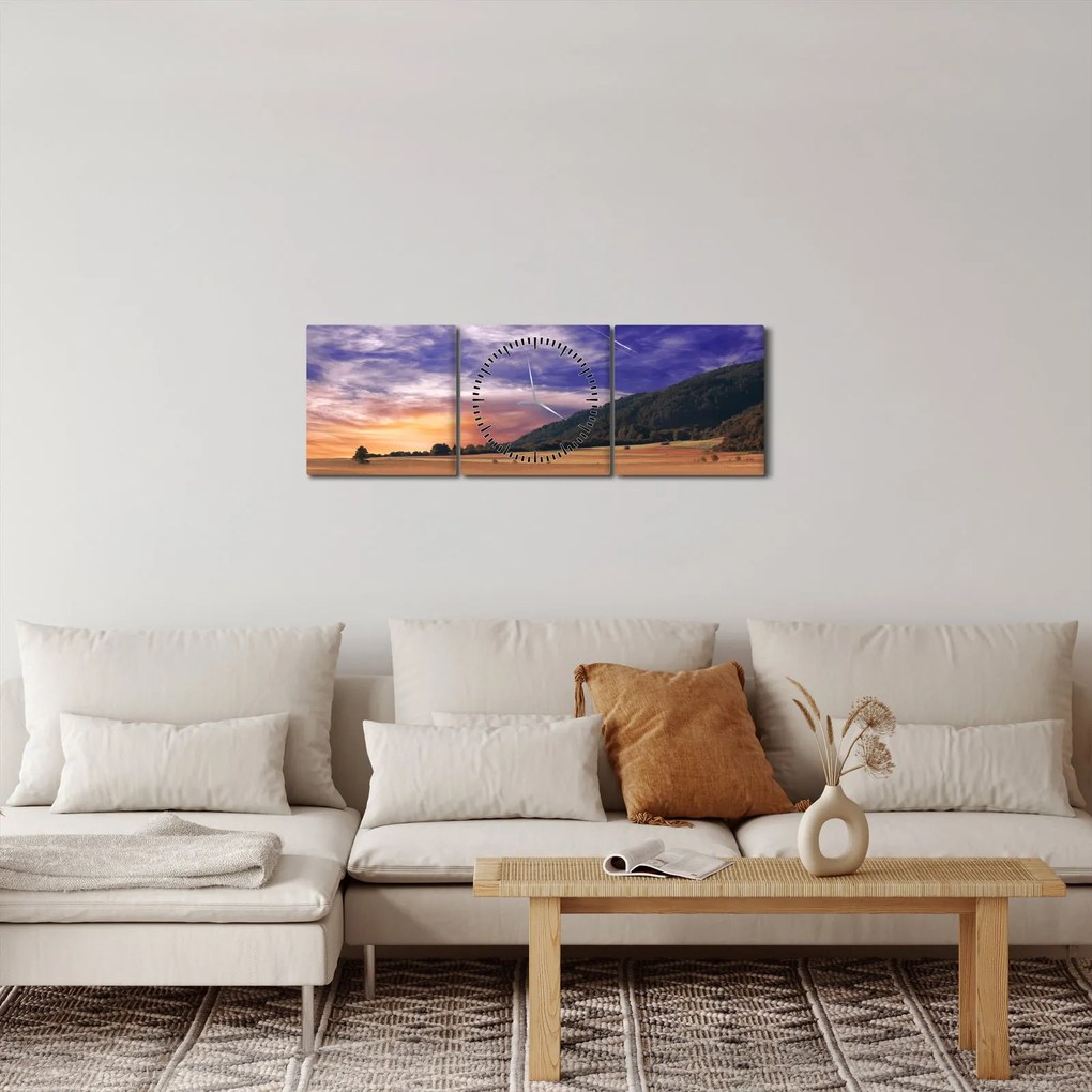 Obraz lawendowej łąki (z zegarem) (90x30 cm)