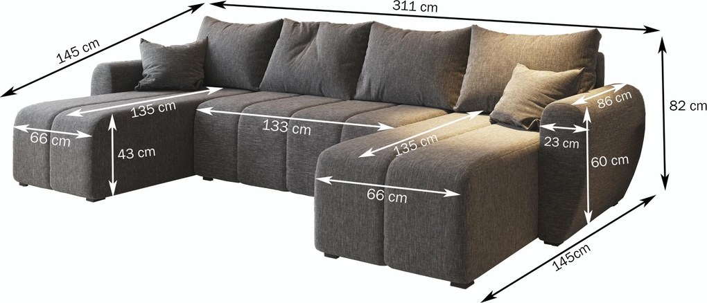 Masseno Narożnik MADISON z funkcją spania i pojemnikiem na pościel Narozniki U, Rozkładana sofa - Brązowy, KRONOS 06