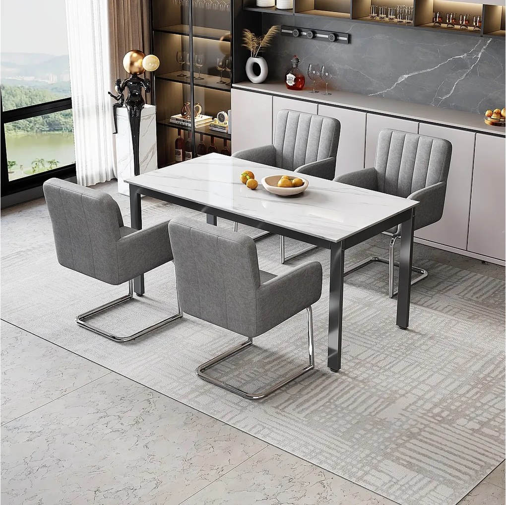 Zestaw 4 krzeseł do jadalni - 56 x 57 x 86 cm - fotel tapicerowany - nogi metalowe - skóra ekologiczna - szary