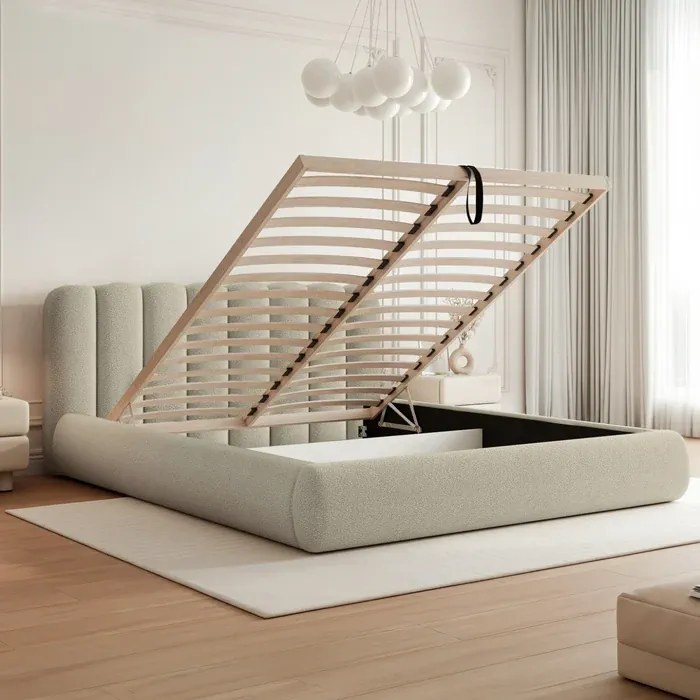 Łóżko Tapicerowane Slim 160x200 cm ARAVIO z Pojemnikiem Beżowe Boucle Japandi