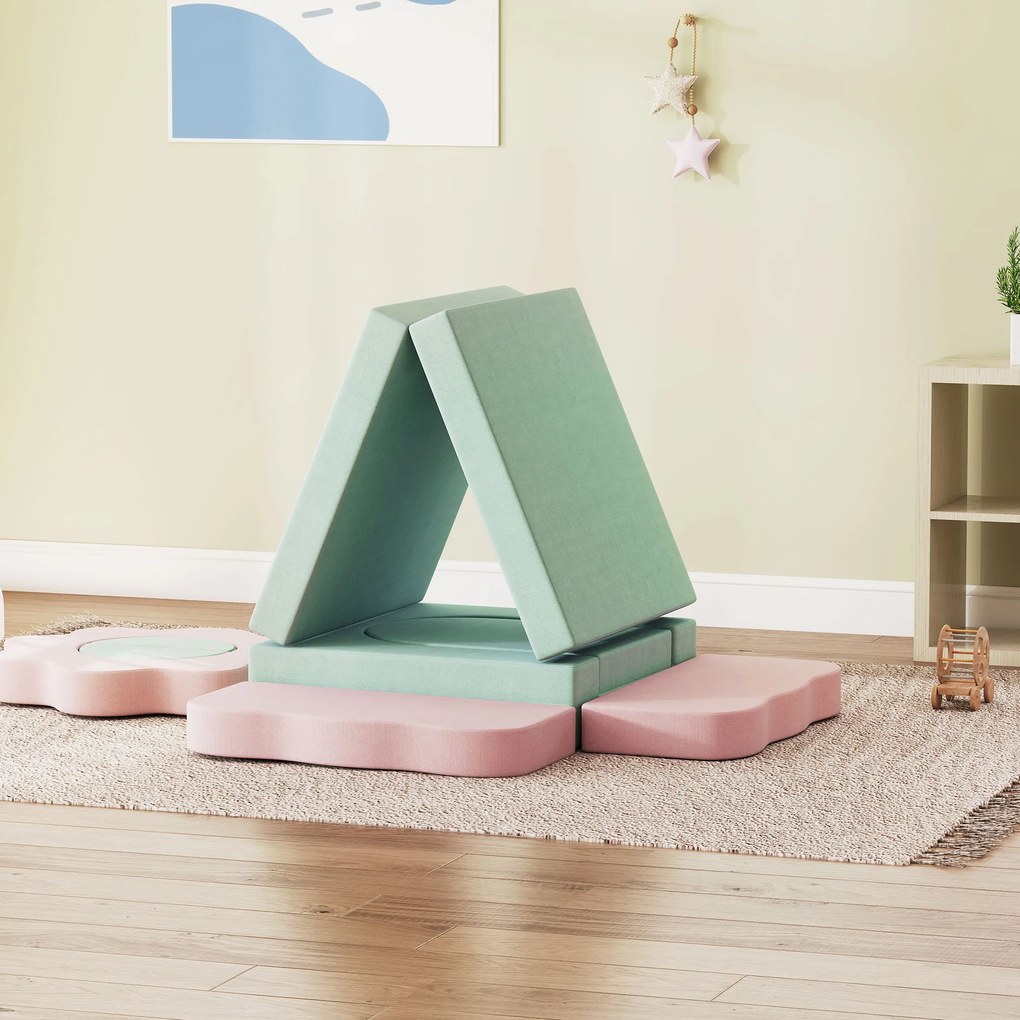 AIYAPLAY 12-częściowy zestaw klocków piankowych do wspinaczki, budowania, pełzania, maty do zabawy w pomieszczeniach z pokryciem z weluru, Zielony+Różowy