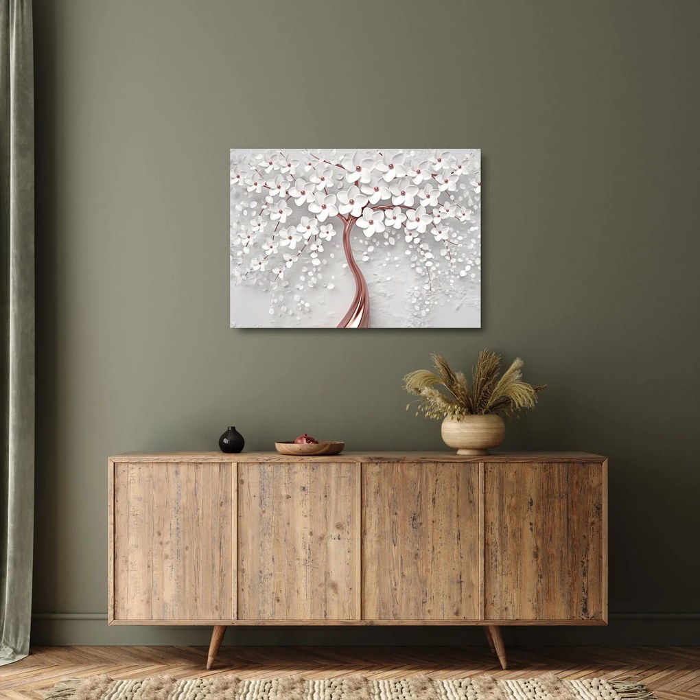 Obraz na szkle - Obraz na szkle białego drzewa z kwiatami, rosegold (70x50 cm)