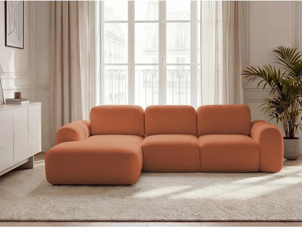 Pomarańczowy rozkładany/ze schowkiem narożnik z materiału bouclé (lewostronny/z szezlongiem) Montaigne – Bobochic Paris