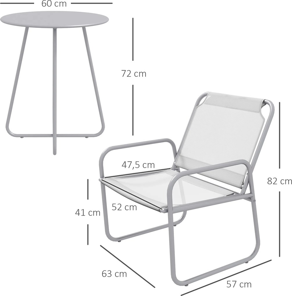 Outsunny Zestaw mebli ogrodowych 3-elementowy, 2 krzesła z oddychającą tkaniną, 1 okrągły stolik Ø60 cm, jasnoszary