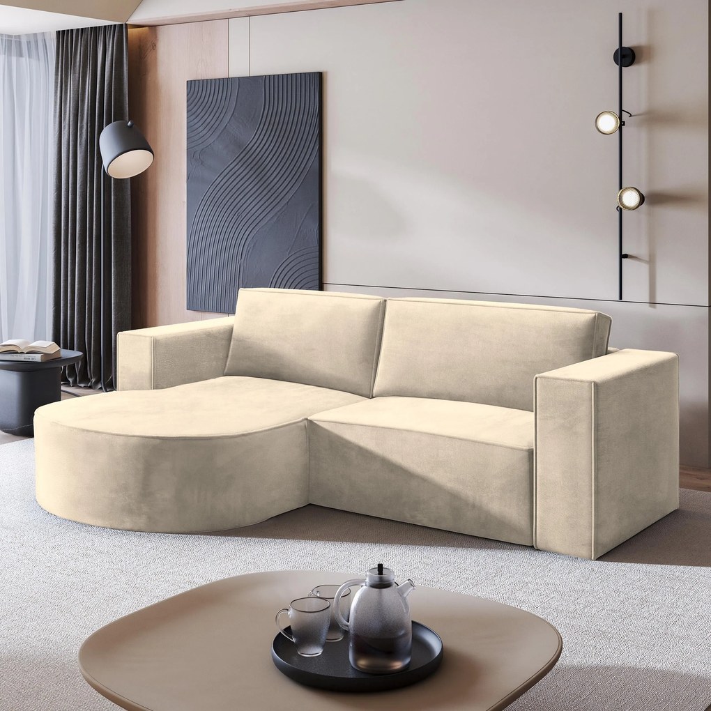 Masseno Narożnik SORELA z funkcją spania i pojemnikiem na pościel Narozniki L, Rozkładana sofa - Kremowy, MONOLITH 04