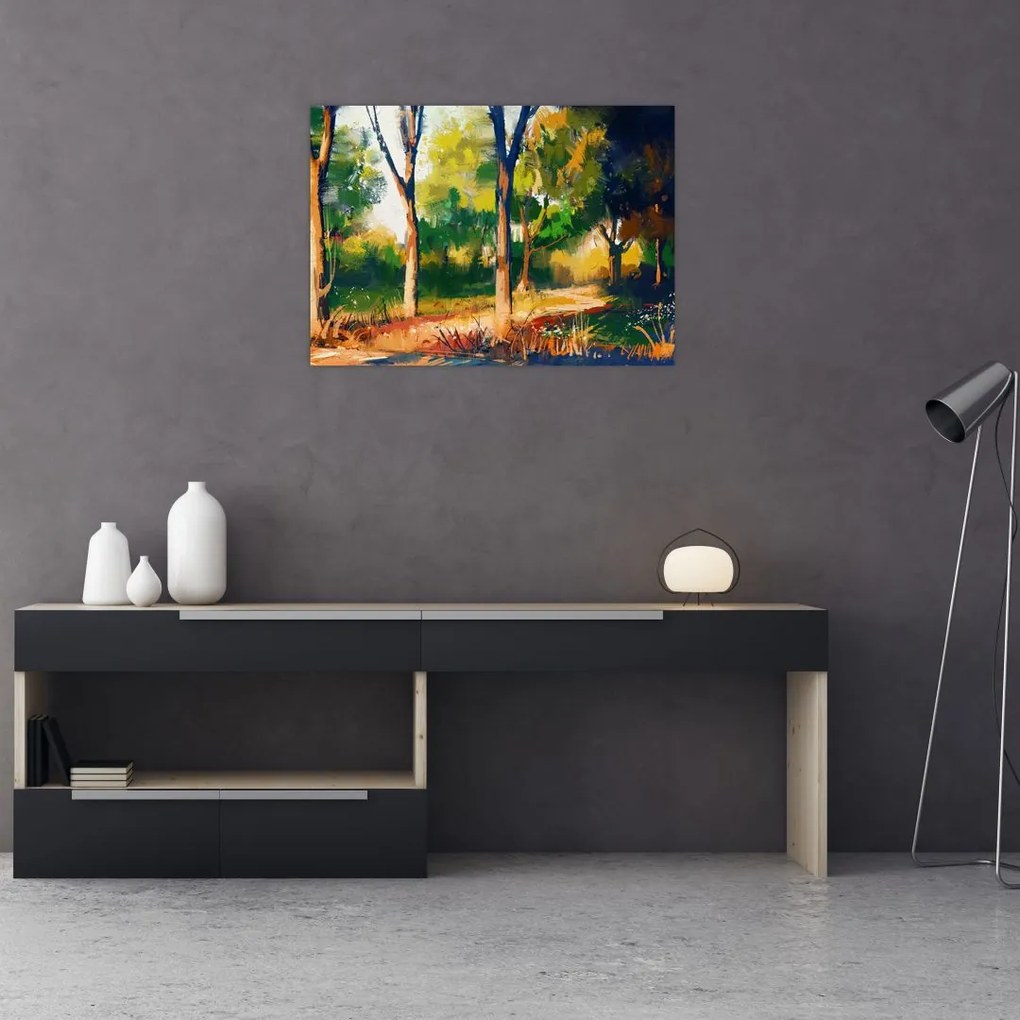 Obraz lasu w letnim słońcu, malarstwo (70x50 cm)