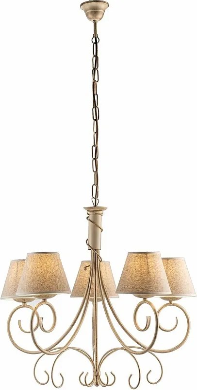 Żyrandol Wiedeń z lakierowanego żelaza w kolorze kości słoniowej, dekor stare złoto, klosze PVC z efektem juty Ø13 cm, elegancki styl, 5 świateł