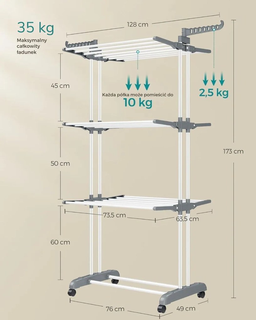 Suszarka na pranie ELTON z 4 poziomami na kółkach, 63,5x128x173cm,biały/szary SongmicsHome