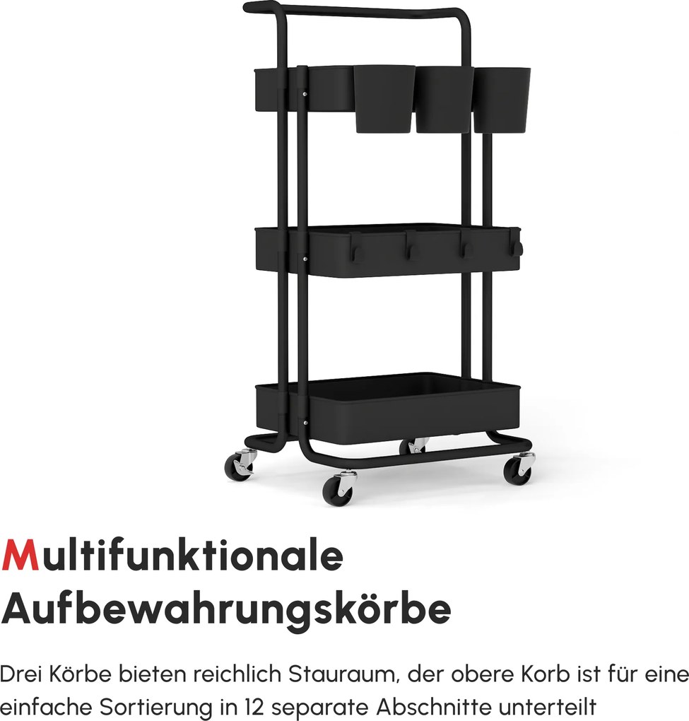 HOMCOM Wózek na 3 Poziomy z Koszykami i Hakami, Wózek Pomocniczy do Kuchni lub Salonu, Stal, Tworzywo Sztuczne, Czarny