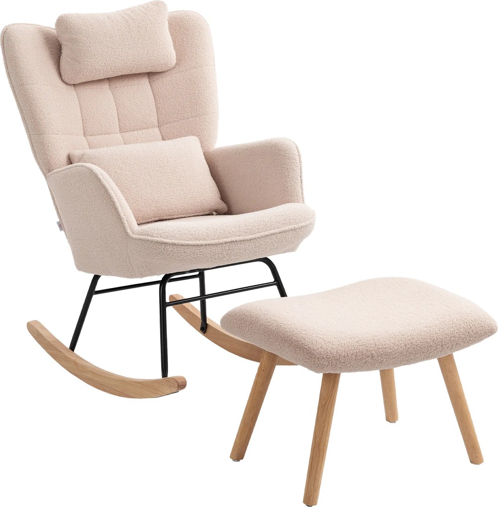 HOMCOM Fotel bujany z podnóżkiem, miękki polar, drewniane nogi, poduszka, wysokie oparcie, fotel bujany, Beżowy