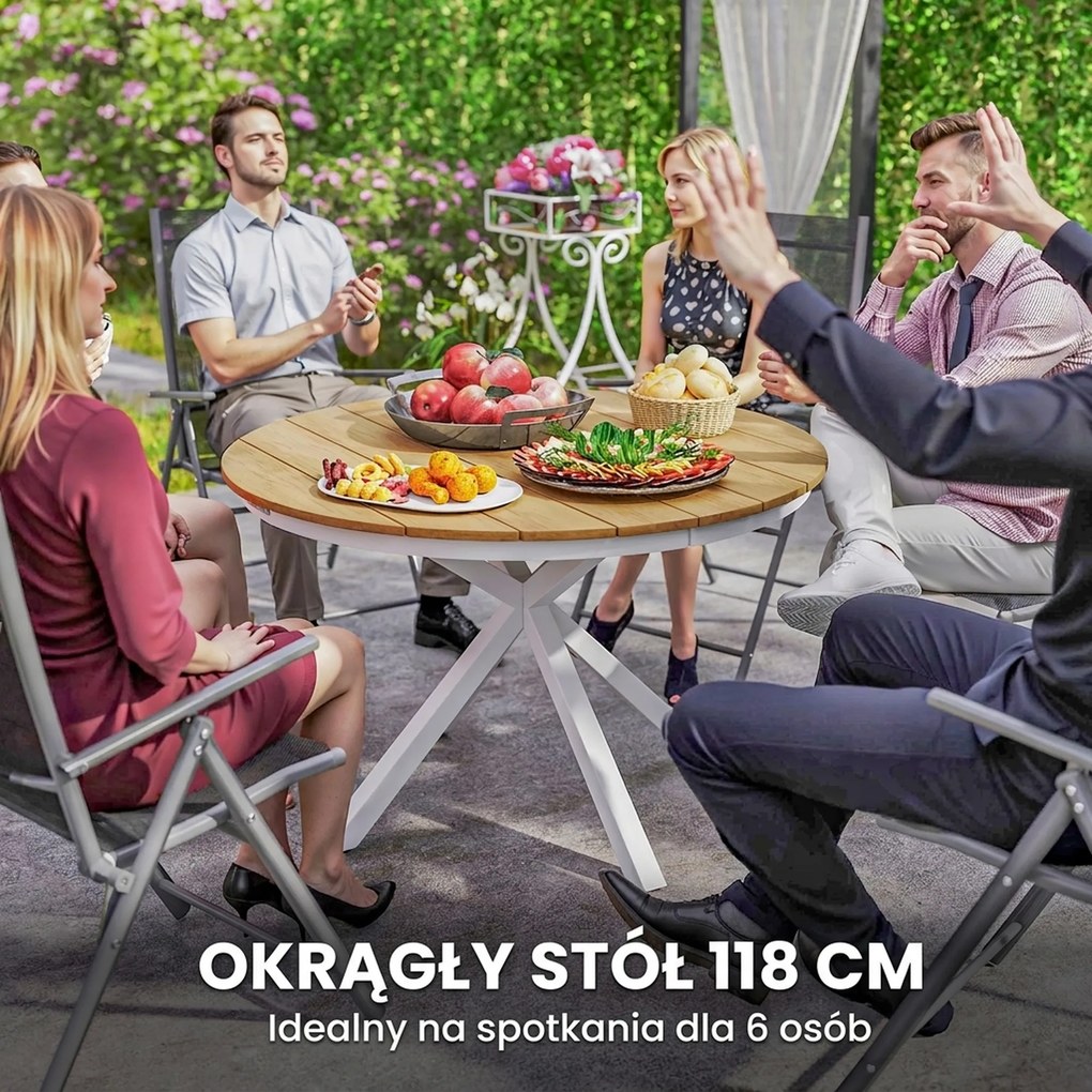 Outsunny Stół Ogrodowy Ø118cm, Wodoodporny Stół Balkonowy z Aluminium, Krzyżujące się nogi z projektem Lamel Teak