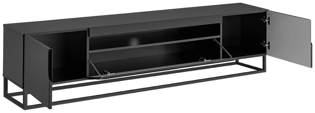 Szafka RTV Loftia 200 cm z wnęką i metalowym stelażem - czarny / czarny mat