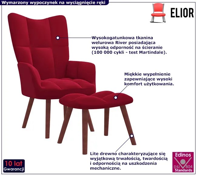 Czerwony fotel wypoczynkowy z podnóżkiem D8-R86