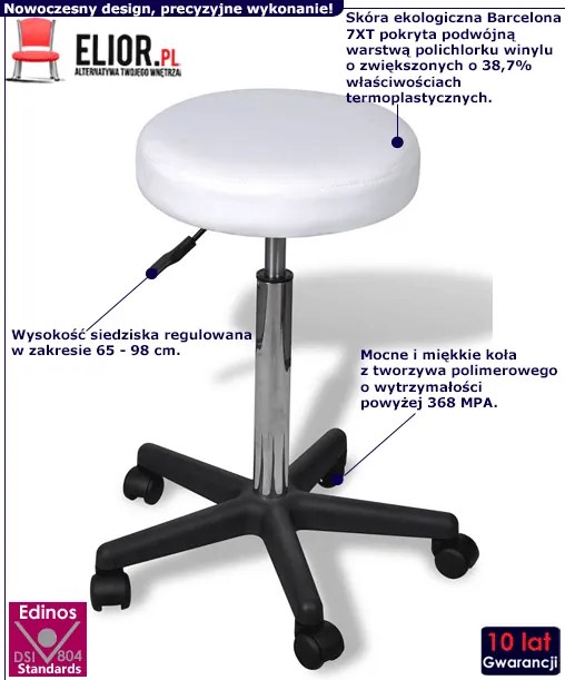Biały okrągły regulowany taboret obrotowy na kółkach B4-M70