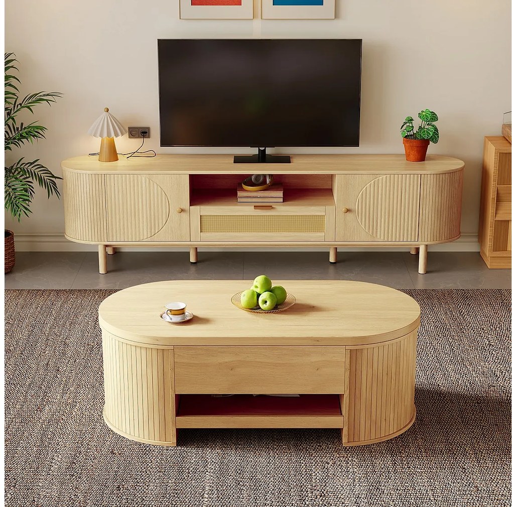 Zestaw stolik pod TV + regulowany stolik kawowy - nowoczesny design - z szufladami + drzwiami - MDF - naturalny
