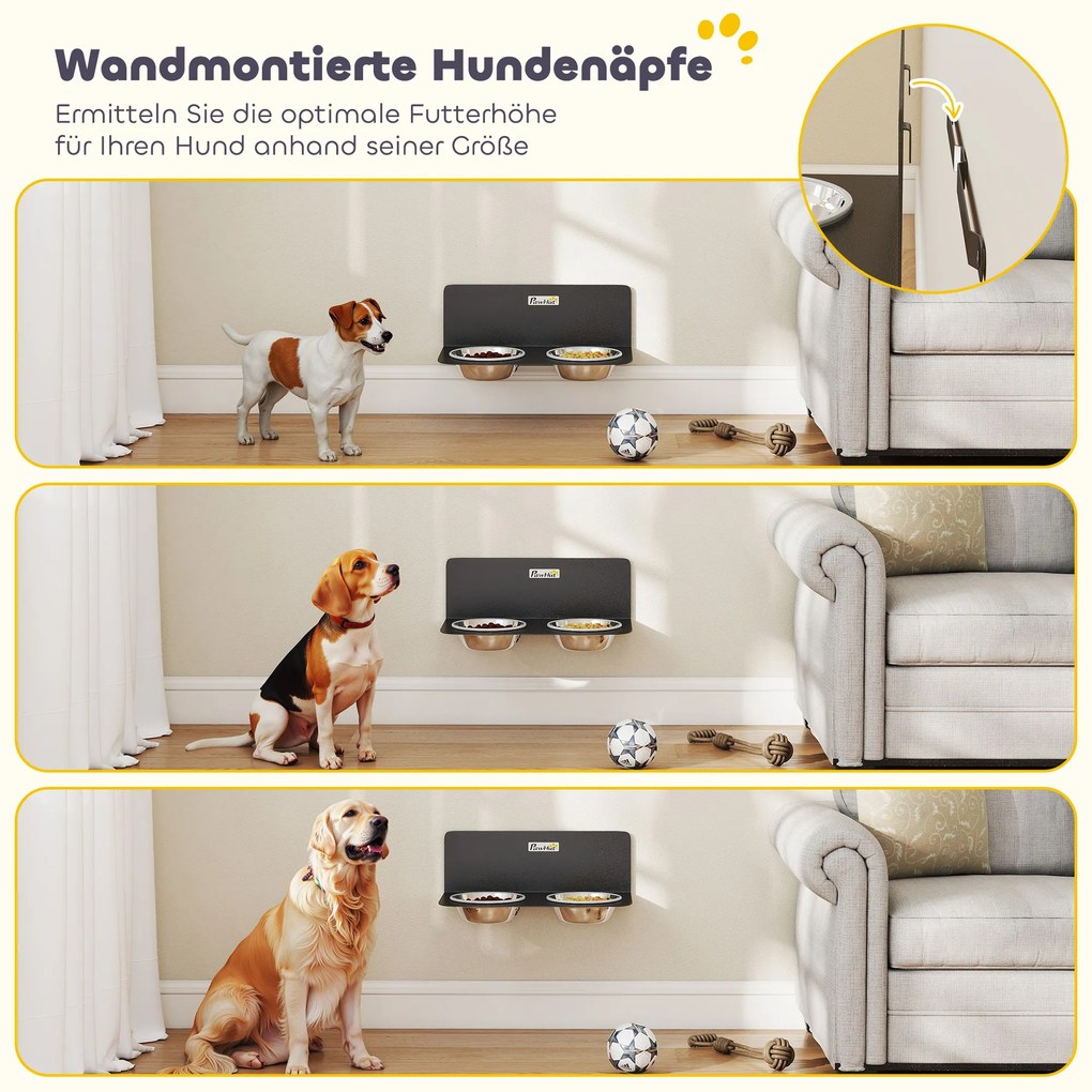 PawHut Miska dla psa regulowana wysokość ścienna z 2 x 800 ml miskami 42 x 23,5 x 14 cm Czarny | Aosom PL