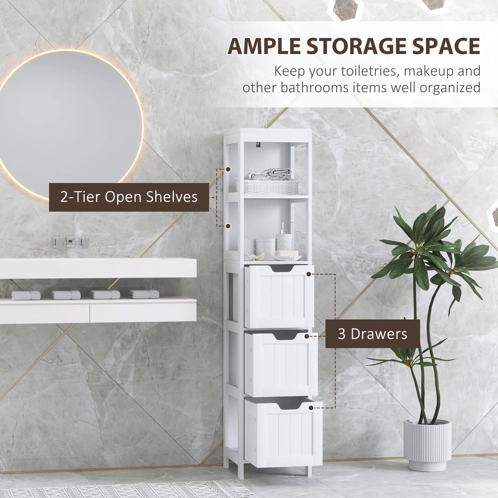 HOMCOM Szafka Łazienkowa, 2 Półki, 3 Szuflady, Materiał Odporny na Wodę, Biała