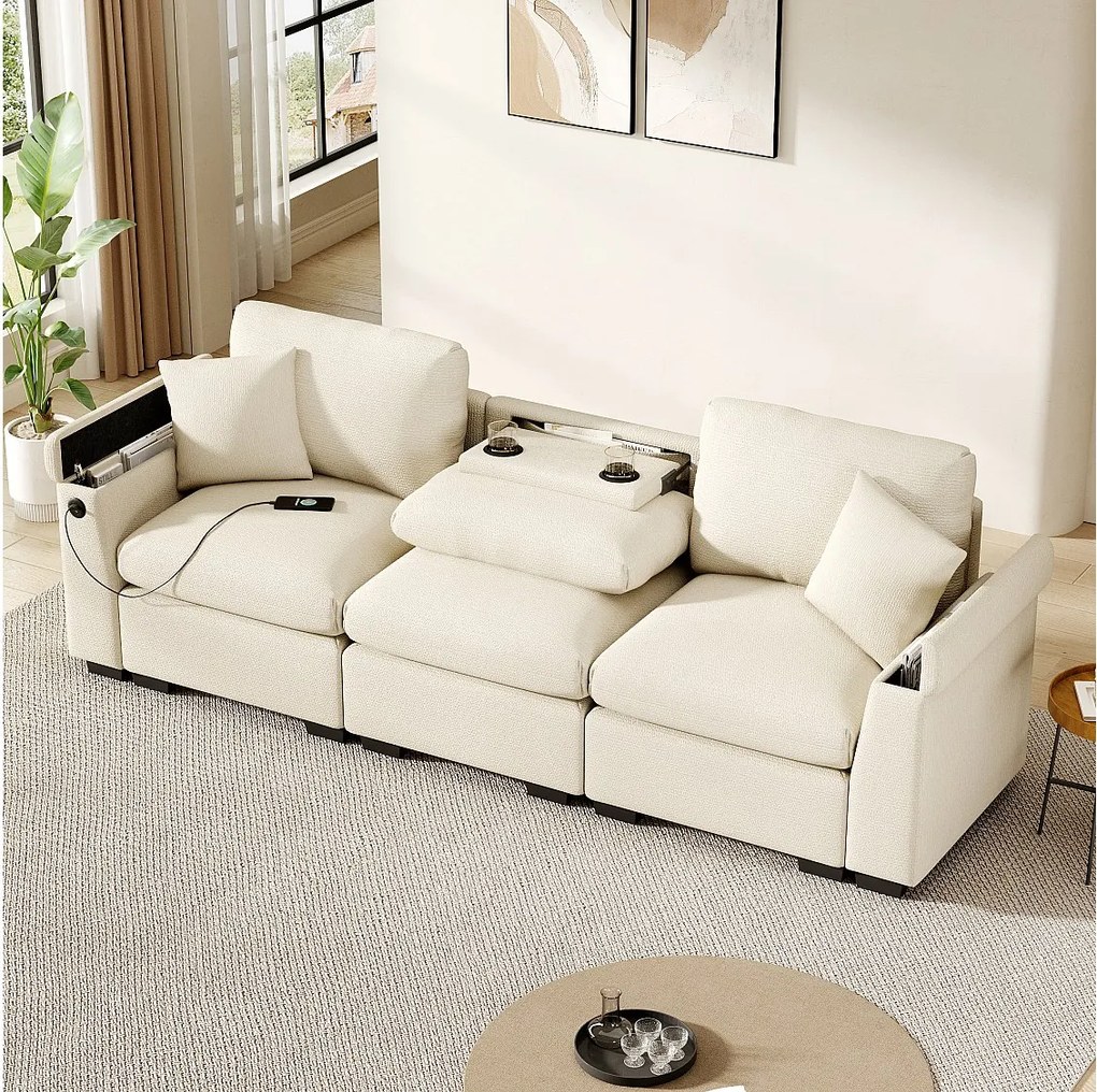 Sofa 3-osobowa - 242 x 88 x 80 cm - ze składanym stolikiem + portem USB + ukrytym schowkiem - aksamit - beż