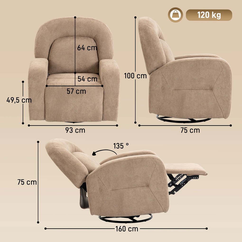 HOMCOM Fotel relaksacyjny, rozkładany fotel obrotowy 360° z miękką aksamitną tkaniną, szerokim siedziskiem, do salonu, Khaki | Aosom PL