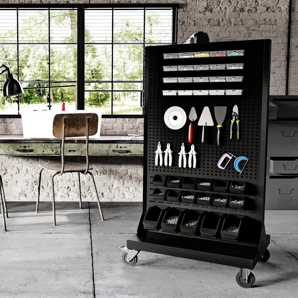 Ścianka warsztatowa, tablica na narzędzia MARIUSZ, 965 x 1555 x 610 mm, All Black: czarna