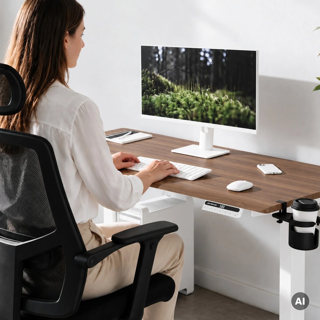 Biurko elektryczne z regulacją wysokości ergonomiczne białe/orzech,1400x700 mm: ARIA