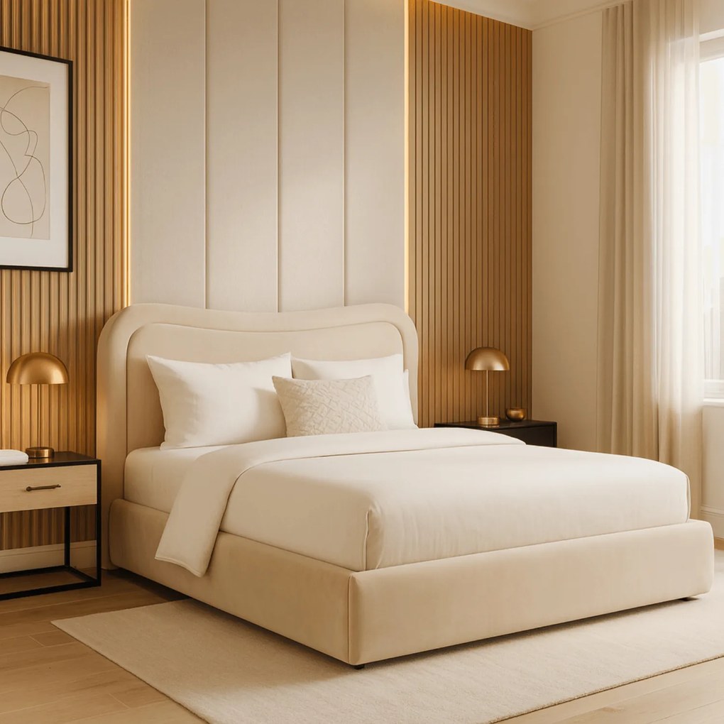 Łóżko Tapicerowane 160x200 cm HAGA ze Stelażem i Pojemnikiem Dwuosobowe Welurowe Kremowe