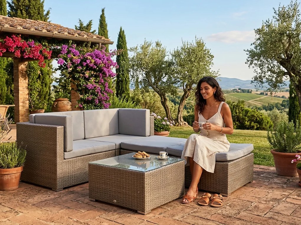 Zestaw mebli balkonowych z technorattanu (Sofa, 2 x pufa + stolik) TINTO szary