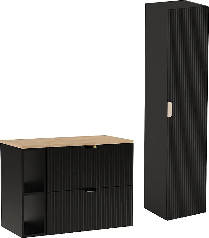 Czarny Zestaw Łazienkowy 80cm Szafka Regał Blat Orzech Słupek Ryflowane Fronty