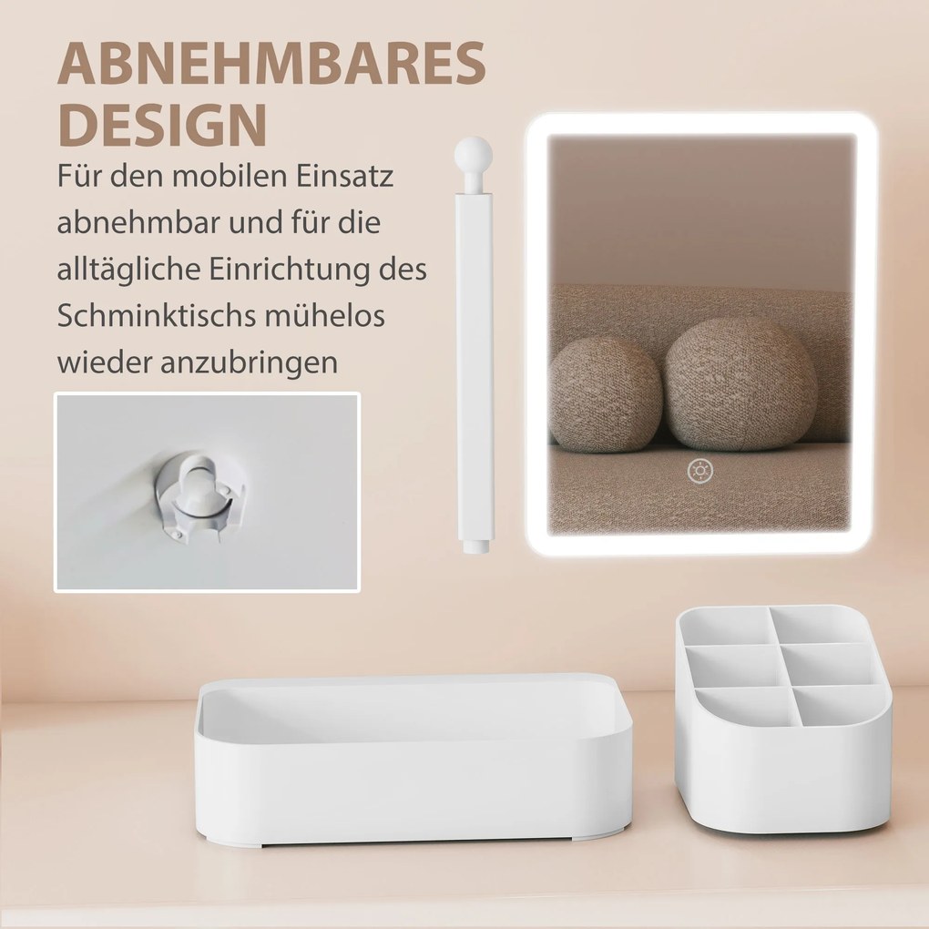 HOMCOM Lustro do makijażu z oświetleniem ładowalne 180° obracalne LED lustro kosmetyczne z 2 trybami oświetlenia, biały