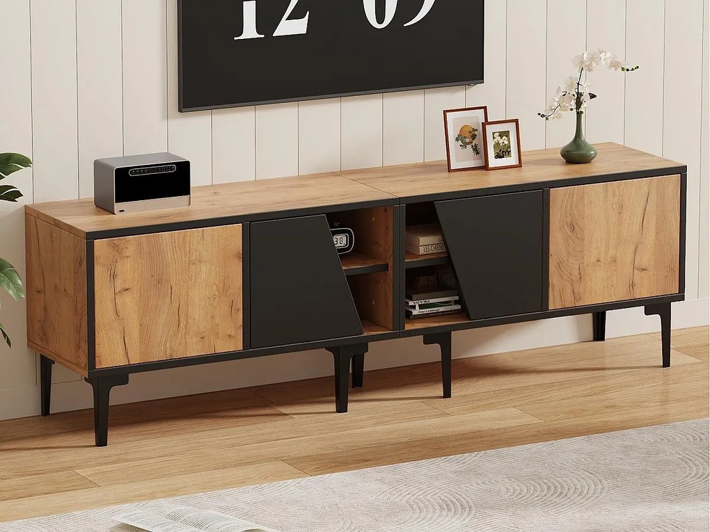 Meble pod TV 160x36,5x45 cm - z frontami i półkami - Płyty wiórowe - Kolor naturalny + czarny