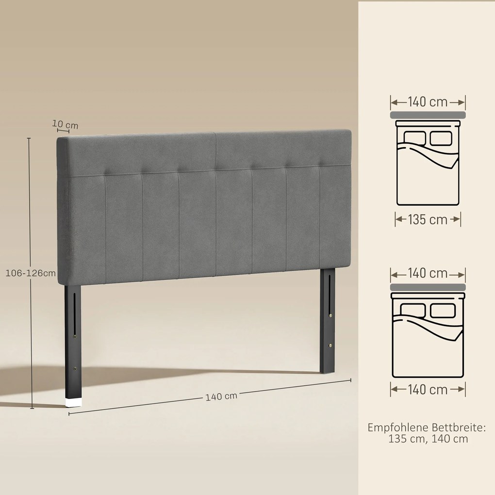 HOMCOM Zagłówek regulacja 3-stopniowa z metalowymi nogami aksamitny styl do sypialni 140x10x106/116/126 cm Szary | Aosom PL