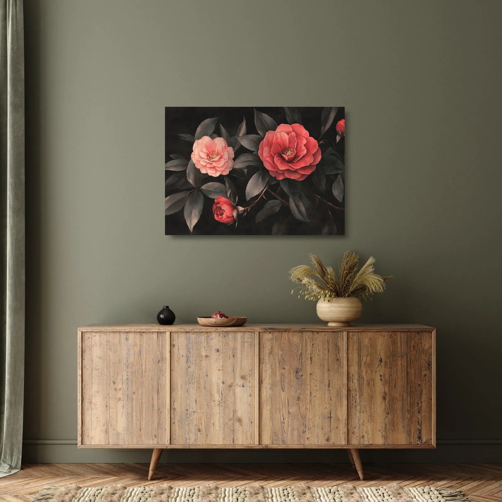 Obraz na szkle - Czerwone kwiaty na ciemnym tle (70x50 cm)