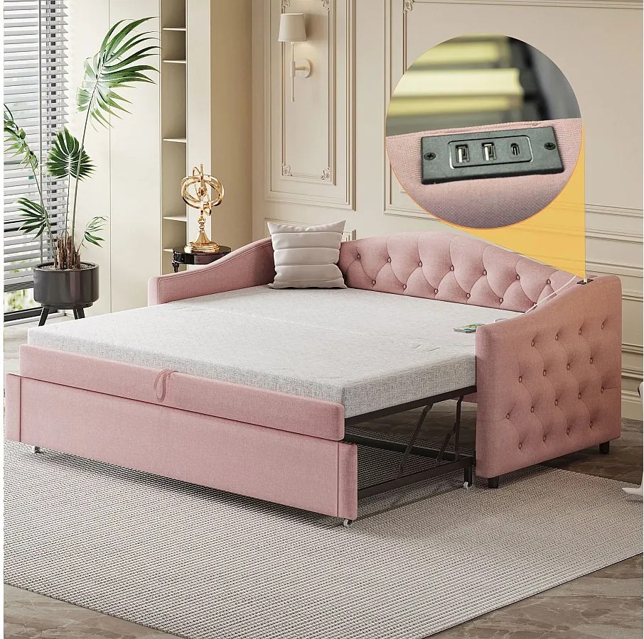 Łóżko dla dzieci 90x200 cm - z portem USB i stelażem - różowy len - bez materaca