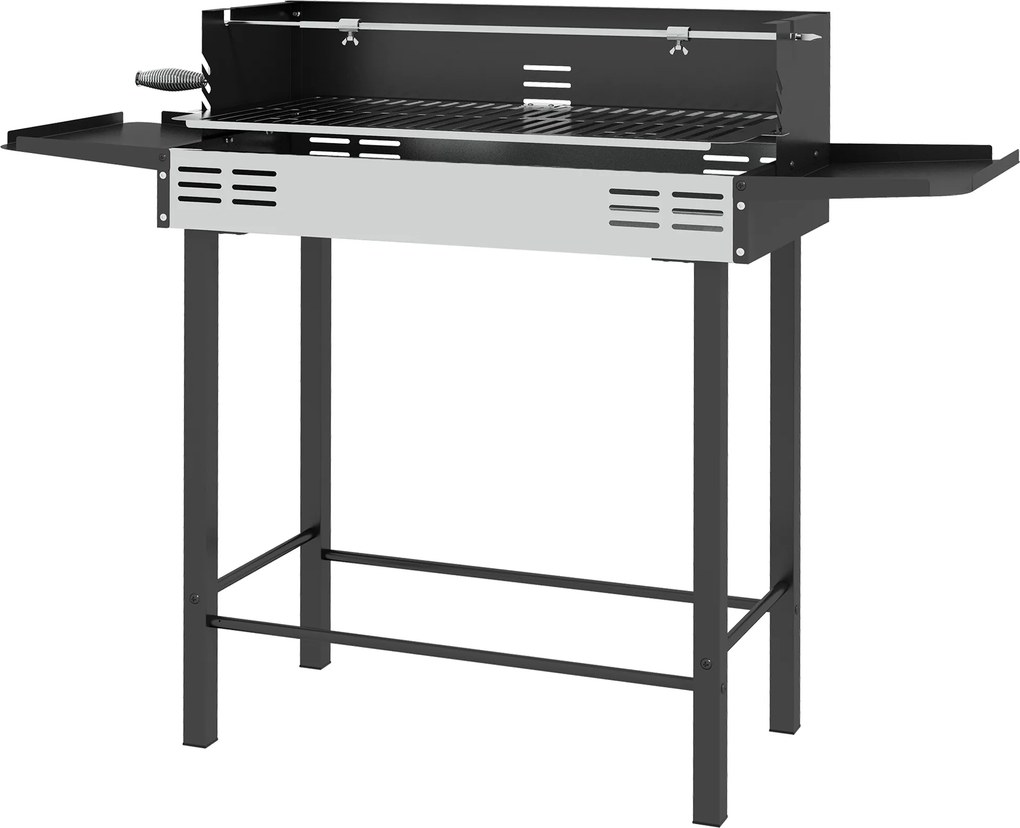 Outsunny Holzkohlegrill Grill BBQ-Grill, regulowany ruszt, 1 rożen, 118 x 32 x 90 cm, Czarny + Srebrny