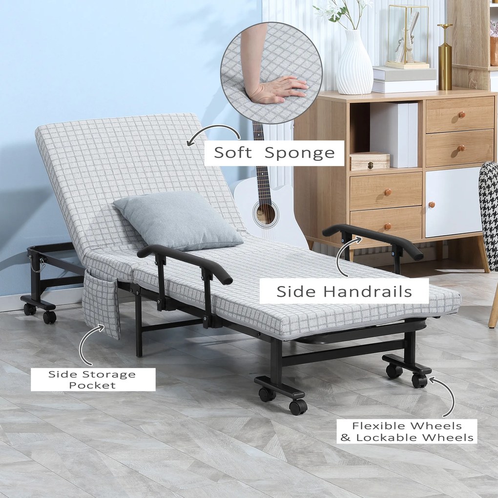 HOMCOM Łóżko Składane dla Gości z Regulowanym Oparciem Podłokietniki 8 Kółek Stal Szary Czarny 190x76x33cm | Aosom PL