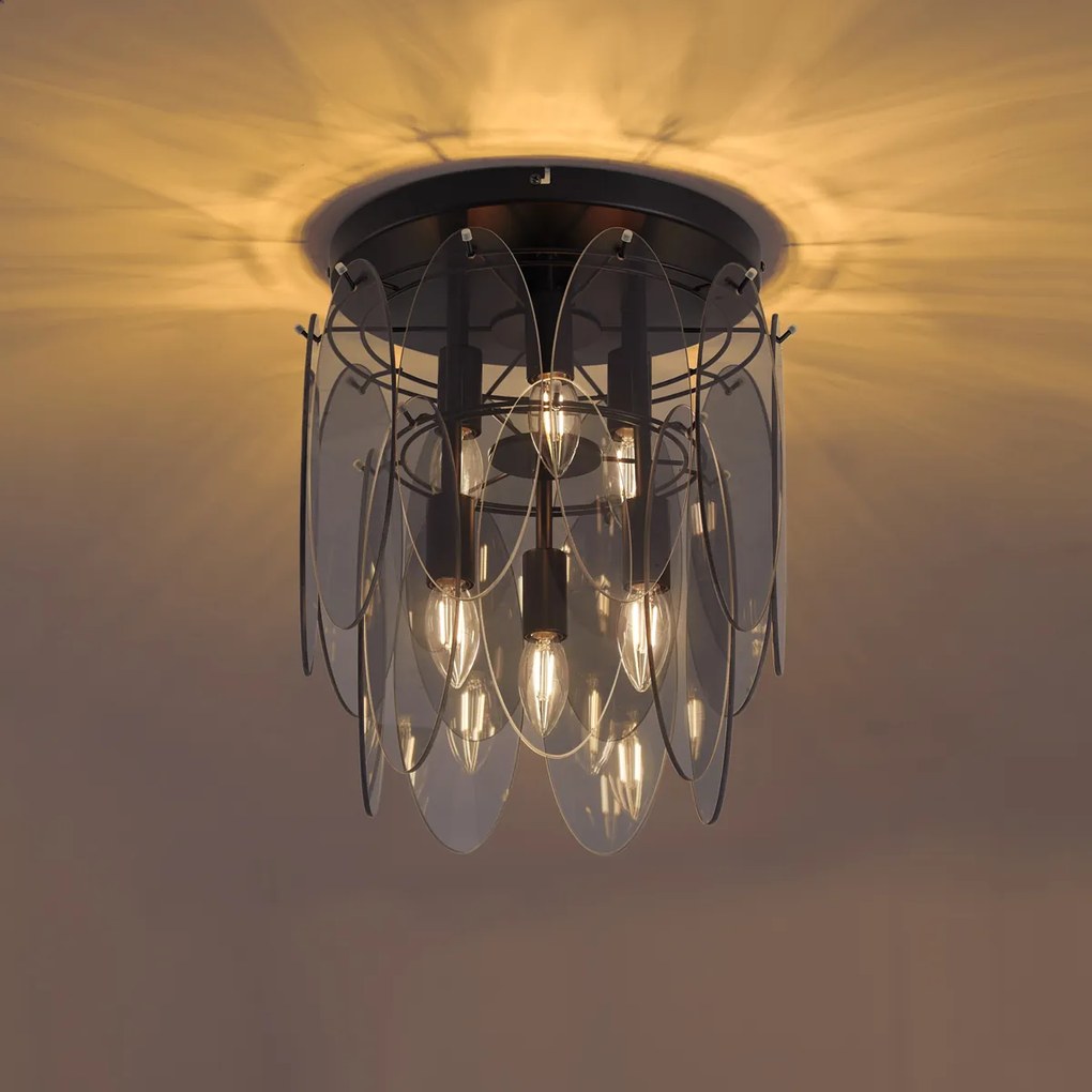 Lampa sufitowa Art Deco czarna z przydymionym szkłem owalna 6-punktowa - Mochan