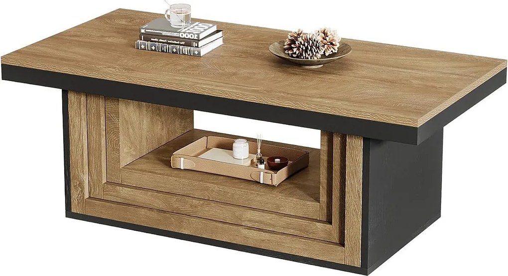 Prostokątny stolik kawowy z otwartą przestrzenią do przechowywania, 120 cm rustykalny, żłobiony stolik centralny