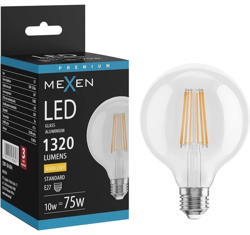 Mexen Vintis żarówka filament LED E27, G95, 10W, Ciepła - 2700K, 1320 lm, clear - L157-E27-1027-00