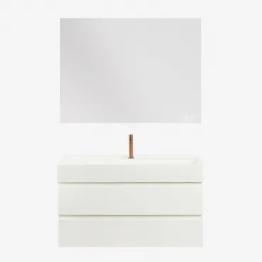 Zestaw Wiszących Mebli Łazienkowych Z Drewna I Forniru Jesionowego Zintegrowany Z Umywalką Ona Biała & Prostokątny - Sklum
