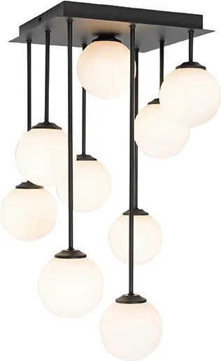 Nowoczesna lampa sufitowa czarna z opalowym szkłem 9-świateł - Athens