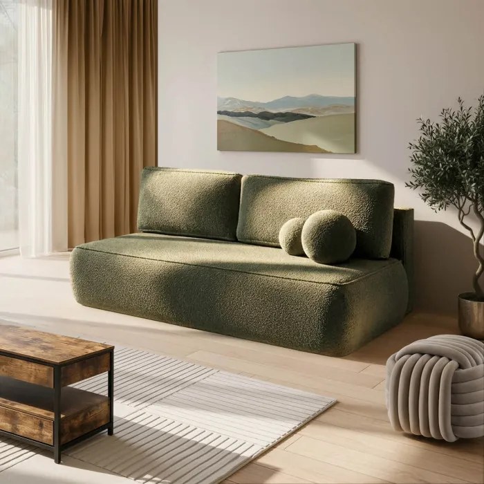 Sofa z Funkcją Spania ARVETO Oliwkowa Boucle Nowoczesna