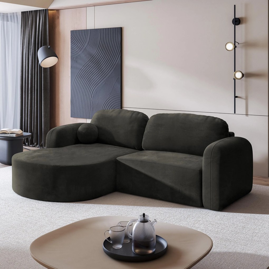 Masseno Narożnik AMILIA z funkcją spania i pojemnikiem na pościel Narozniki L, Rozkładana sofa - Czarny, MONOLITH 95
