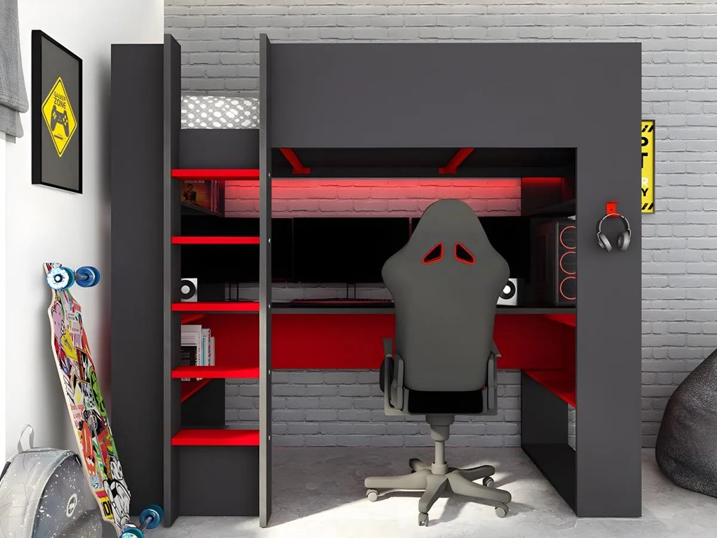 Łóżko z antresolą gamer NOAH, z biurkiem i ze skrzynią  – 90 × 200 cm – z oświetleniem LED – kolor antracytowy i czerwony