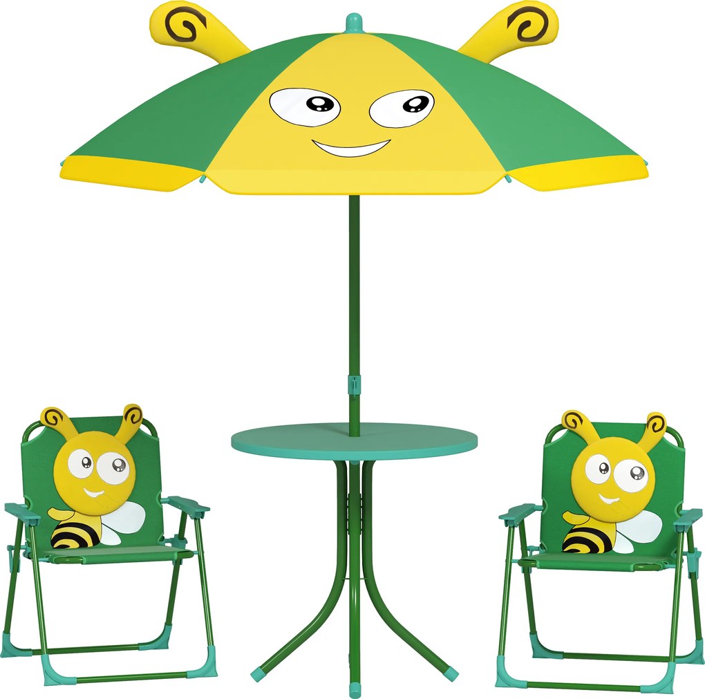 Zestaw ogrodowy AIYAPLAY dla dzieci: Stół, Krzesła, Parasol, Motyw Pszczół, Zielony+Żółty