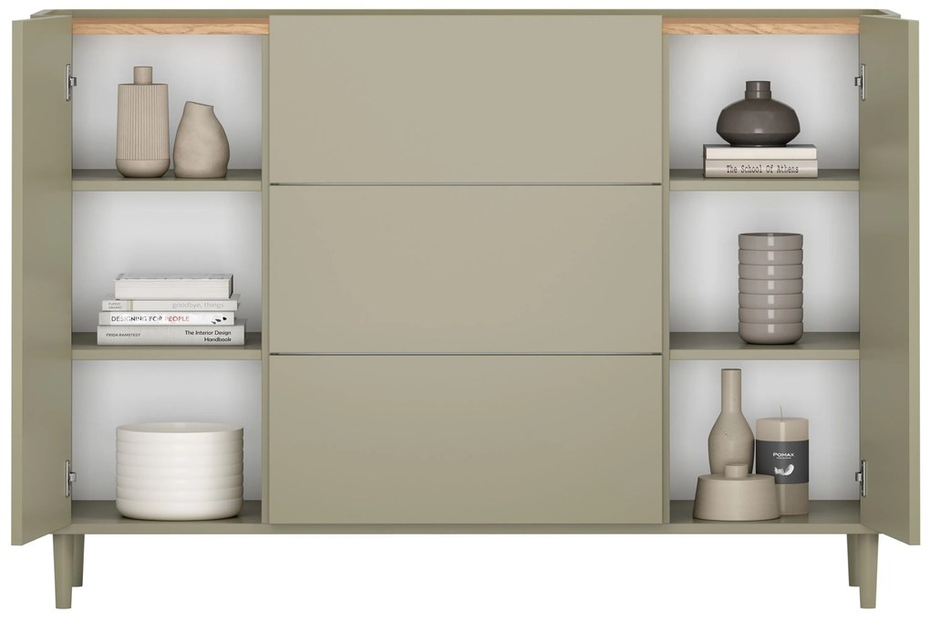 Komoda Elivo 150 cm z szufladami na nóżkach - eukaliptus / dąb baltic dune
