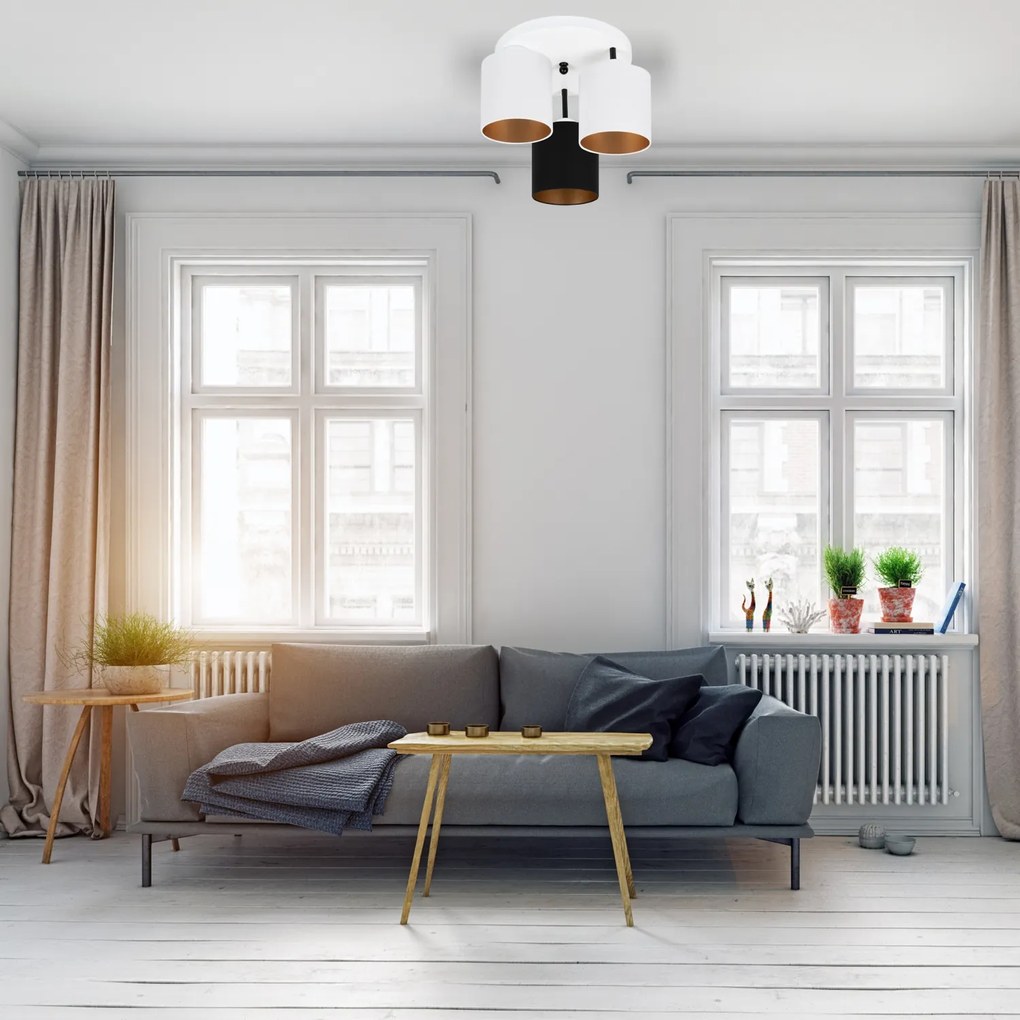 Lampa sufitowa biała trzypunktowa z czarno-białymi abażurami C-3030WE-