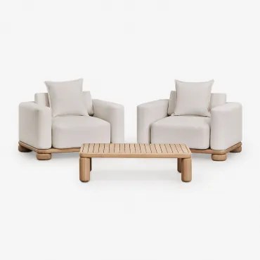 Zestaw Wypoczynkowy Z 2 Fotelami I Stolikiem Kawowym 115x70 Cm Z Drewna Akacjowego Ioanis Jasny Akacjowy Brąz - Sklum