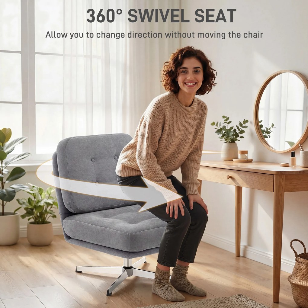 HOMCOM Obrotowy Fotel Akcentowy, Tapicerowany Fotel Czytelniczy z Chenille, Szerokim Siedziskiem, Sprężynowym Wypełnieniem i Metalowymi Nogami, Jasnoszary | Aosom PL