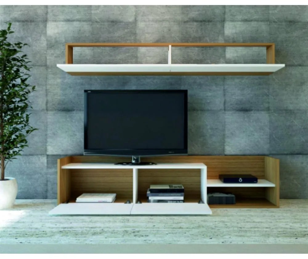 Biały zestaw pod TV w dekorze egzotycznego drewna 180x40 cm Kale – Kalune Design