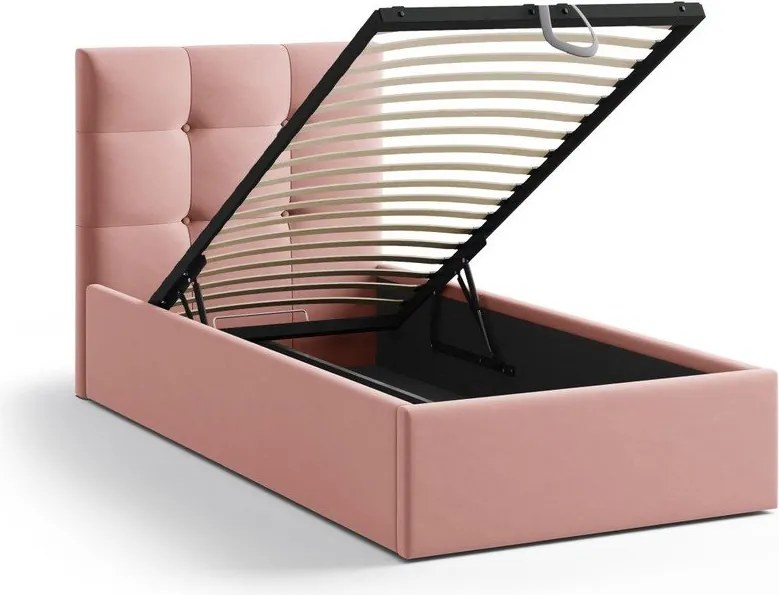 Różowe tapicerowane łóżko jednoosobowe ze schowkiem ze stelażem 90x200 cm Phaedra – Micadoni